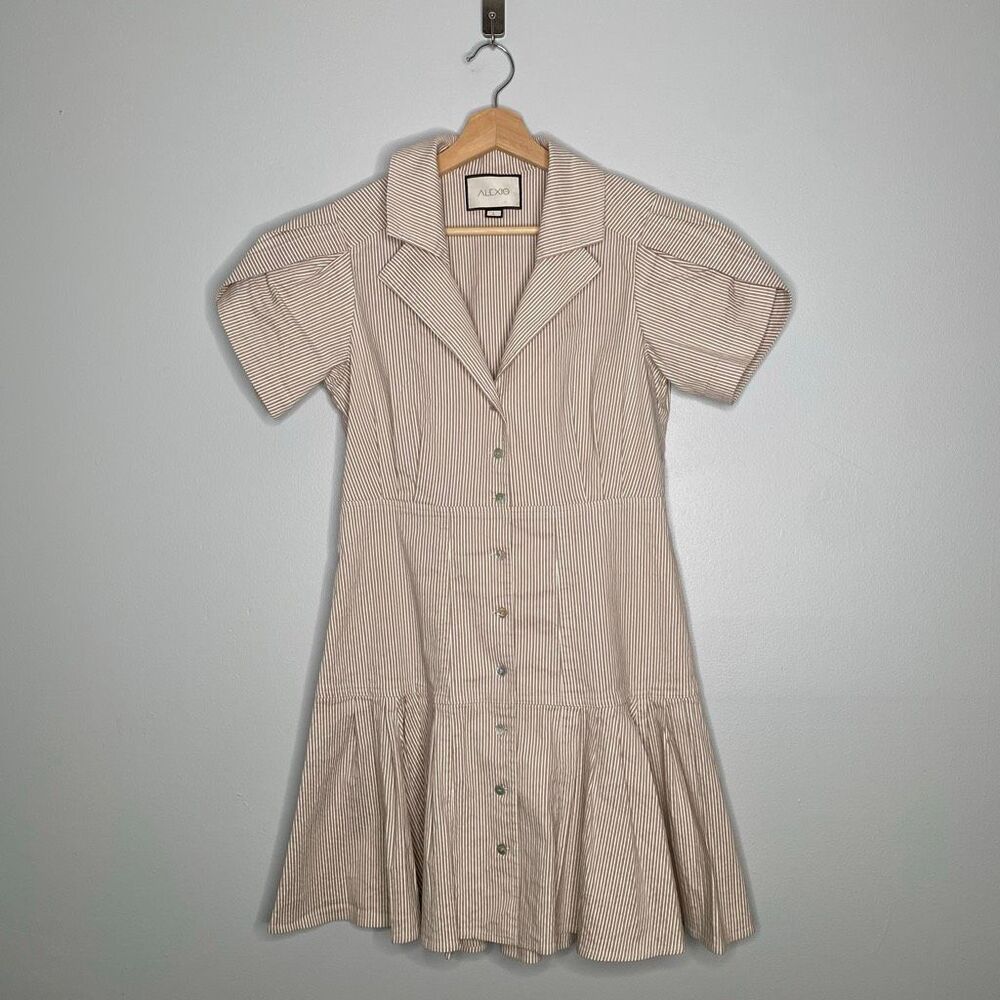 ALEXIS striped mini button front shirtdress in Large